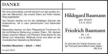 Traueranzeige von Hildegard  Baumann von Odenwälder Echo