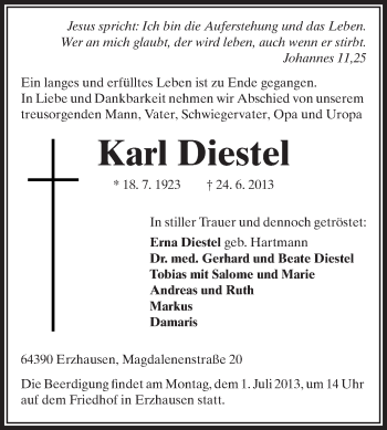 Traueranzeige von Karl Diesel von Echo-Zeitungen (Gesamtausgabe)