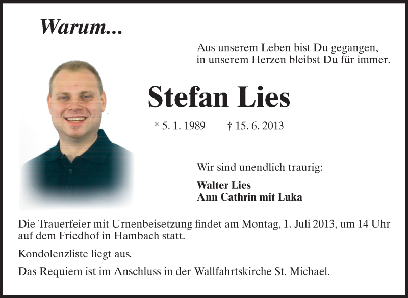  Traueranzeige für Stefan Lies vom 27.06.2013 aus Starkenburger Echo