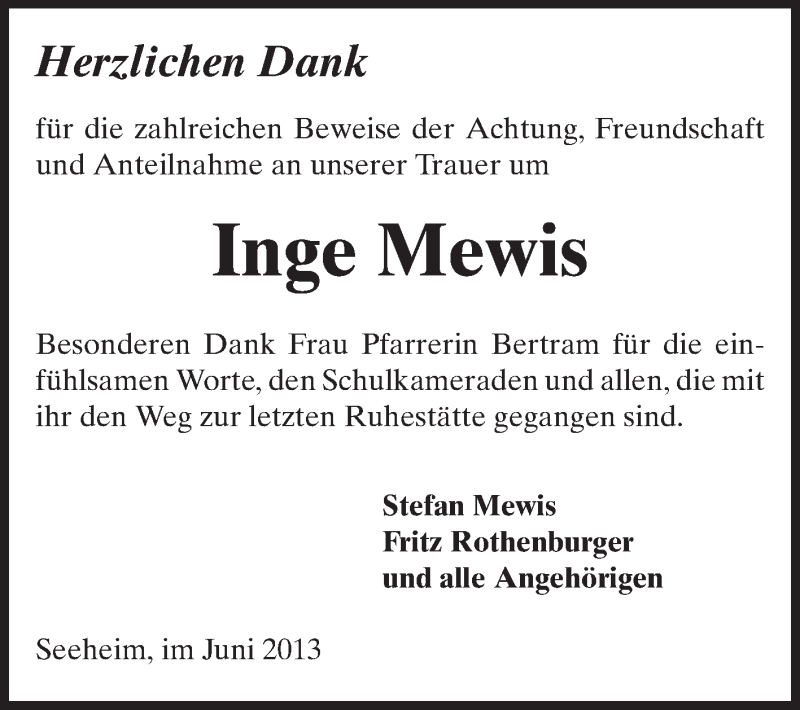  Traueranzeige für Inge Mewis vom 29.06.2013 aus Echo-Zeitungen (Gesamtausgabe)