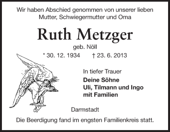 Traueranzeige von Ruth Metzger von Echo-Zeitungen (Gesamtausgabe)