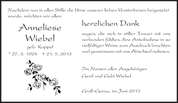 Traueranzeige von Anneliese Wiebel von Rüsselsheimer Echo, Groß-Gerauer-Echo, Ried Echo