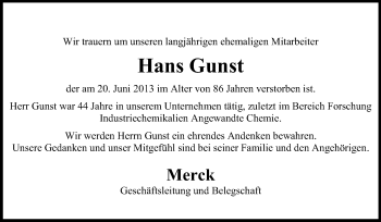 Traueranzeige von Hans Gunst von Echo-Zeitungen (Gesamtausgabe)