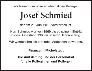 Traueranzeige von Josef Schmied von Odenwälder Echo
