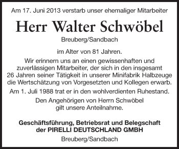 Traueranzeige von Walter Schwöbel von Odenwälder Echo