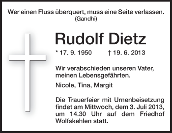 Traueranzeige von Rudolf Dietz von Rüsselsheimer Echo, Groß-Gerauer-Echo, Ried Echo