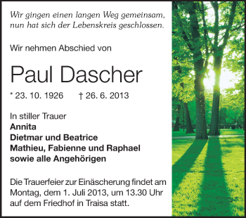 Traueranzeige von Paul Dascher von Echo-Zeitungen (Gesamtausgabe)