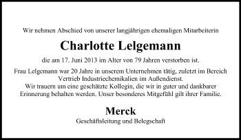 Traueranzeige von Charlotte Lelgemann von Echo-Zeitungen (Gesamtausgabe)