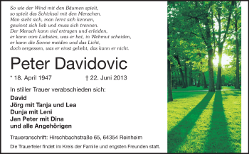Traueranzeige von Peter Davidovic von Echo-Zeitungen (Gesamtausgabe)