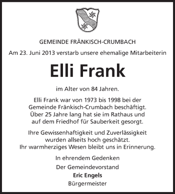 Traueranzeige von Elli Frank von Odenwälder Echo