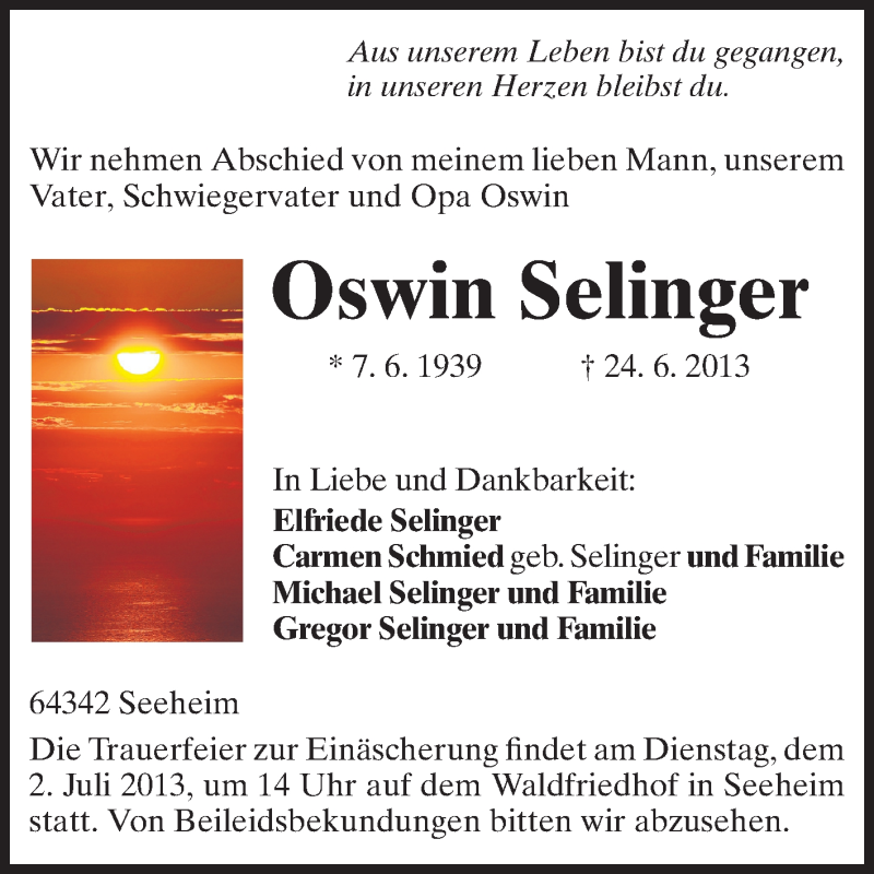  Traueranzeige für Oswin Selinger vom 28.06.2013 aus Echo-Zeitungen (Gesamtausgabe)