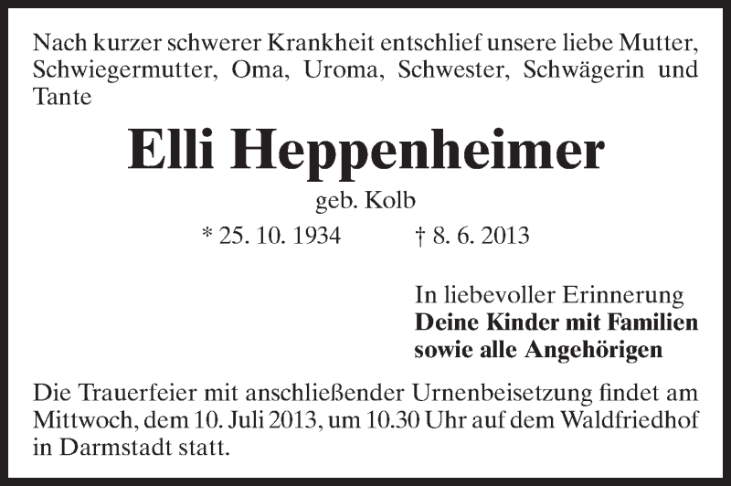  Traueranzeige für Elli Heppenheimer vom 29.06.2013 aus Echo-Zeitungen (Gesamtausgabe)