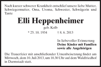 Traueranzeige von Elli Heppenheimer von Echo-Zeitungen (Gesamtausgabe)