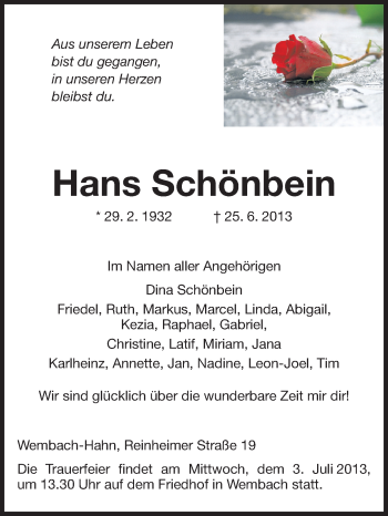Traueranzeige von Hans Schönbein von Echo-Zeitungen (Gesamtausgabe)