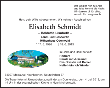 Traueranzeige von Elisabeth Schmidt von Echo-Zeitungen (Gesamtausgabe)