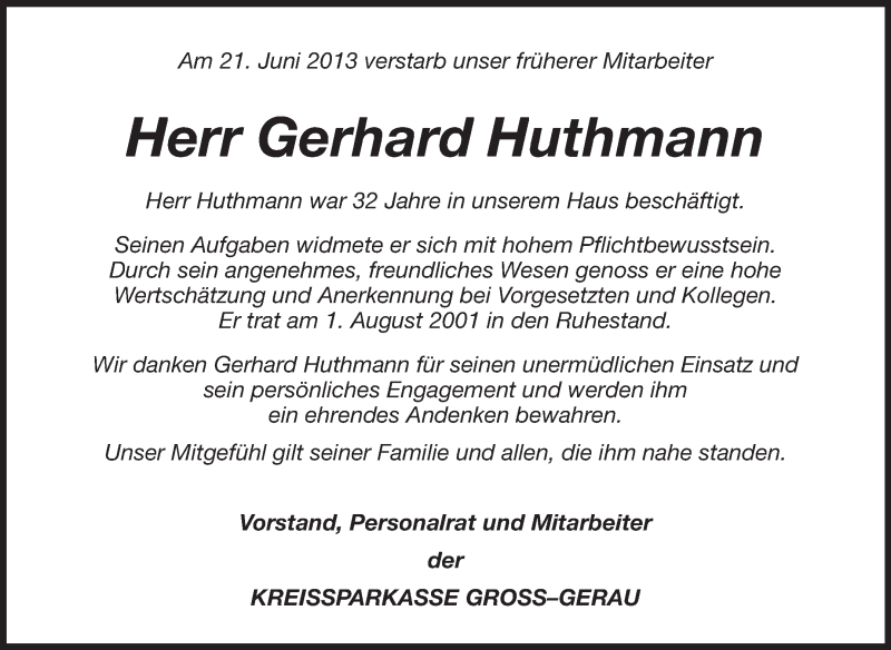  Traueranzeige für Gerhard Huthmann vom 29.06.2013 aus Rüsselsheimer Echo, Groß-Gerauer-Echo, Ried Echo