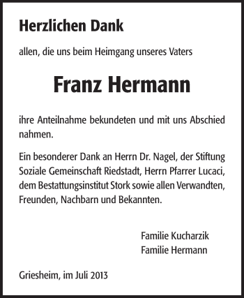 Traueranzeige von Franz Hermann von Rüsselsheimer Echo, Groß-Gerauer-Echo, Ried Echo