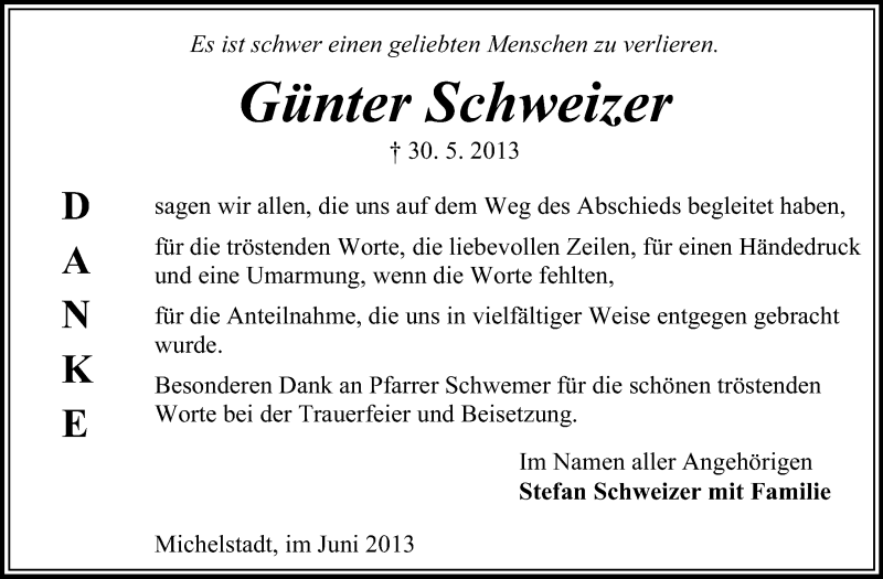  Traueranzeige für Günter Schweizer vom 29.06.2013 aus Odenwälder Echo