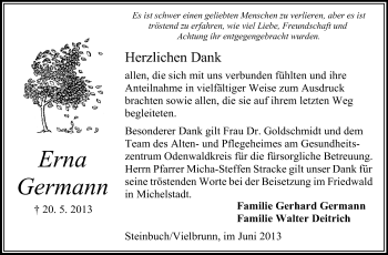 Traueranzeige von Erna Germann von Odenwälder Echo