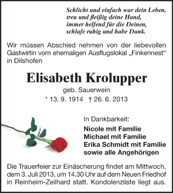 Traueranzeige von Elisabeth Krolupper von Echo-Zeitungen (Gesamtausgabe)