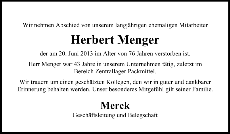  Traueranzeige für Herbert Menger vom 01.07.2013 aus Echo-Zeitungen (Gesamtausgabe)
