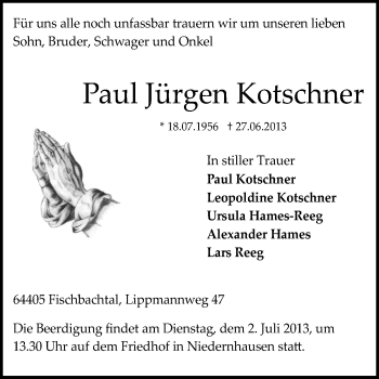 Traueranzeige von Paul Jürgen Kotschner von Darmstädter Echo, Odenwälder Echo, Rüsselsheimer Echo, Groß-Gerauer-Echo, Ried Echo