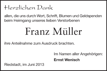 Traueranzeige von Franz Müller von Rüsselsheimer Echo, Groß-Gerauer-Echo, Ried Echo