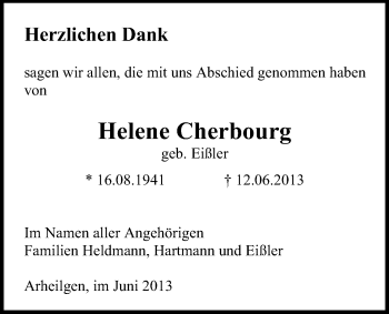 Traueranzeige von Helene Cherbourg von Echo-Zeitungen (Gesamtausgabe)