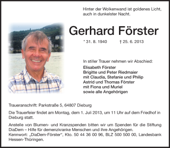 Traueranzeige von Gerhard Förster von Echo-Zeitungen (Gesamtausgabe)