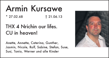 Traueranzeige von Armin Kursawe von Echo-Zeitungen (Gesamtausgabe)