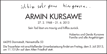 Traueranzeige von Armin Kursawe von Echo-Zeitungen (Gesamtausgabe)