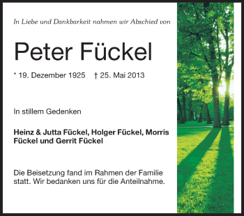 Traueranzeige von Peter Fückel von Rüsselsheimer Echo, Groß-Gerauer-Echo, Ried Echo