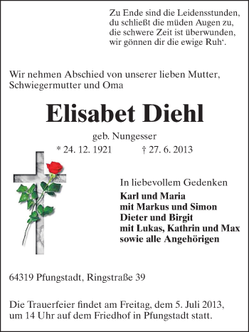 Traueranzeige von Elisabet Diehl von Echo-Zeitungen (Gesamtausgabe)