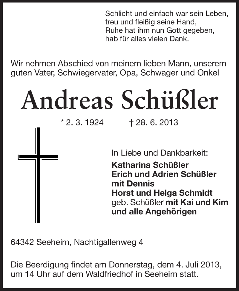  Traueranzeige für Andreas Schüßler vom 01.07.2013 aus Darmstädter Echo, Odenwälder Echo, Rüsselsheimer Echo, Groß-Gerauer-Echo, Ried Echo