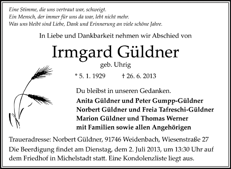  Traueranzeige für Irmgard Güldner vom 01.07.2013 aus Odenwälder Echo
