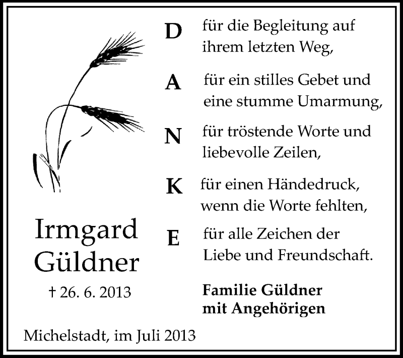  Traueranzeige für Irmgard Güldner vom 17.07.2013 aus Odenwälder Echo