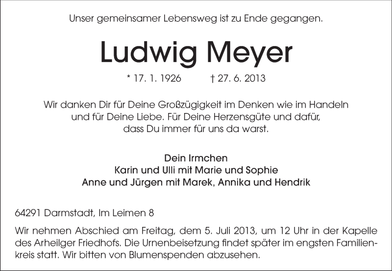  Traueranzeige für Ludwig Meyer vom 03.07.2013 aus Echo-Zeitungen (Gesamtausgabe)
