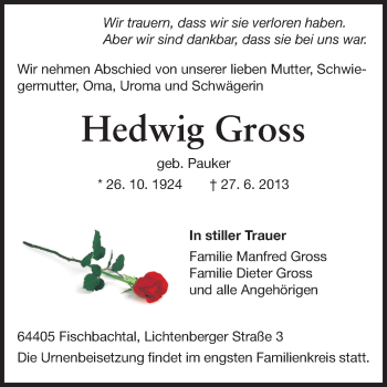 Traueranzeige von Hedwig Gross von Echo-Zeitungen (Gesamtausgabe)