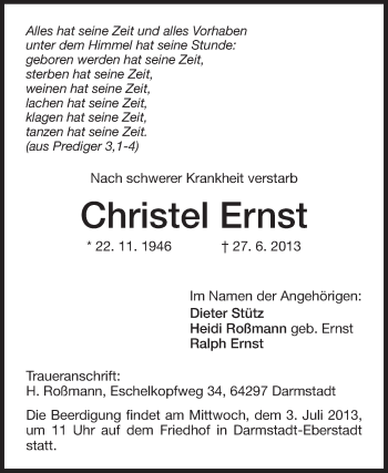Traueranzeige von Christel Ernst von Echo-Zeitungen (Gesamtausgabe)