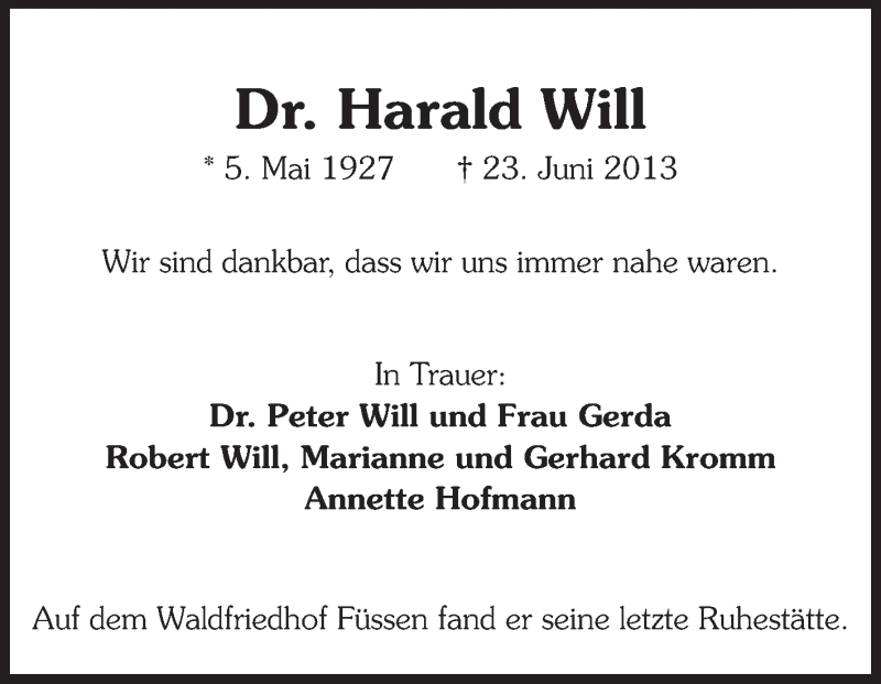  Traueranzeige für Harald Will vom 06.07.2013 aus Echo-Zeitungen (Gesamtausgabe)