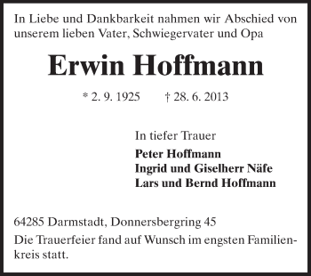 Traueranzeige von Erwin Hoffmann von Echo-Zeitungen (Gesamtausgabe)