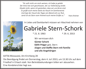 Traueranzeige von Gabriele Stern-Schork von Odenwälder Echo