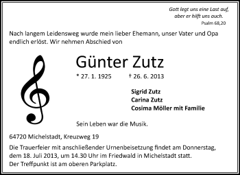 Traueranzeige von Günter Zutz von Odenwälder Echo