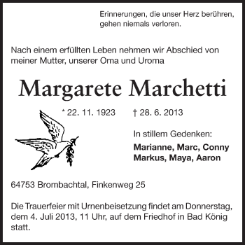 Traueranzeige von Margarete Marchetti von Odenwälder Echo