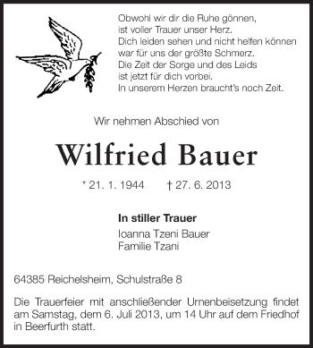 Traueranzeige von Wilfried Bauer von Odenwälder Echo