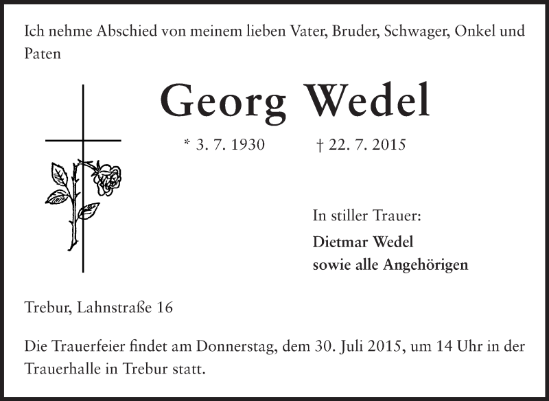  Traueranzeige für Georg Wedel vom 27.07.2015 aus Rüsselsheimer Echo, Groß-Gerauer-Echo, Ried Echo