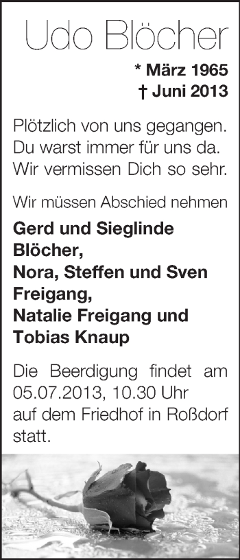 Traueranzeige von Udo Blöcher von Echo-Zeitungen (Gesamtausgabe)