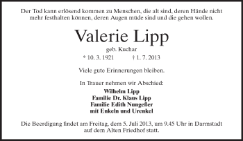 Traueranzeige von Valerie Lipp von Echo-Zeitungen (Gesamtausgabe)