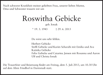 Traueranzeige von Roswitha Gebicke von Echo-Zeitungen (Gesamtausgabe)