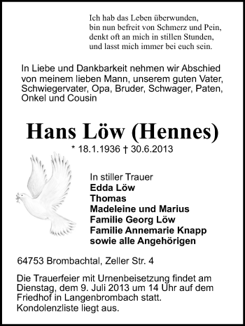 Traueranzeige von Hans Löw von Odenwälder Echo